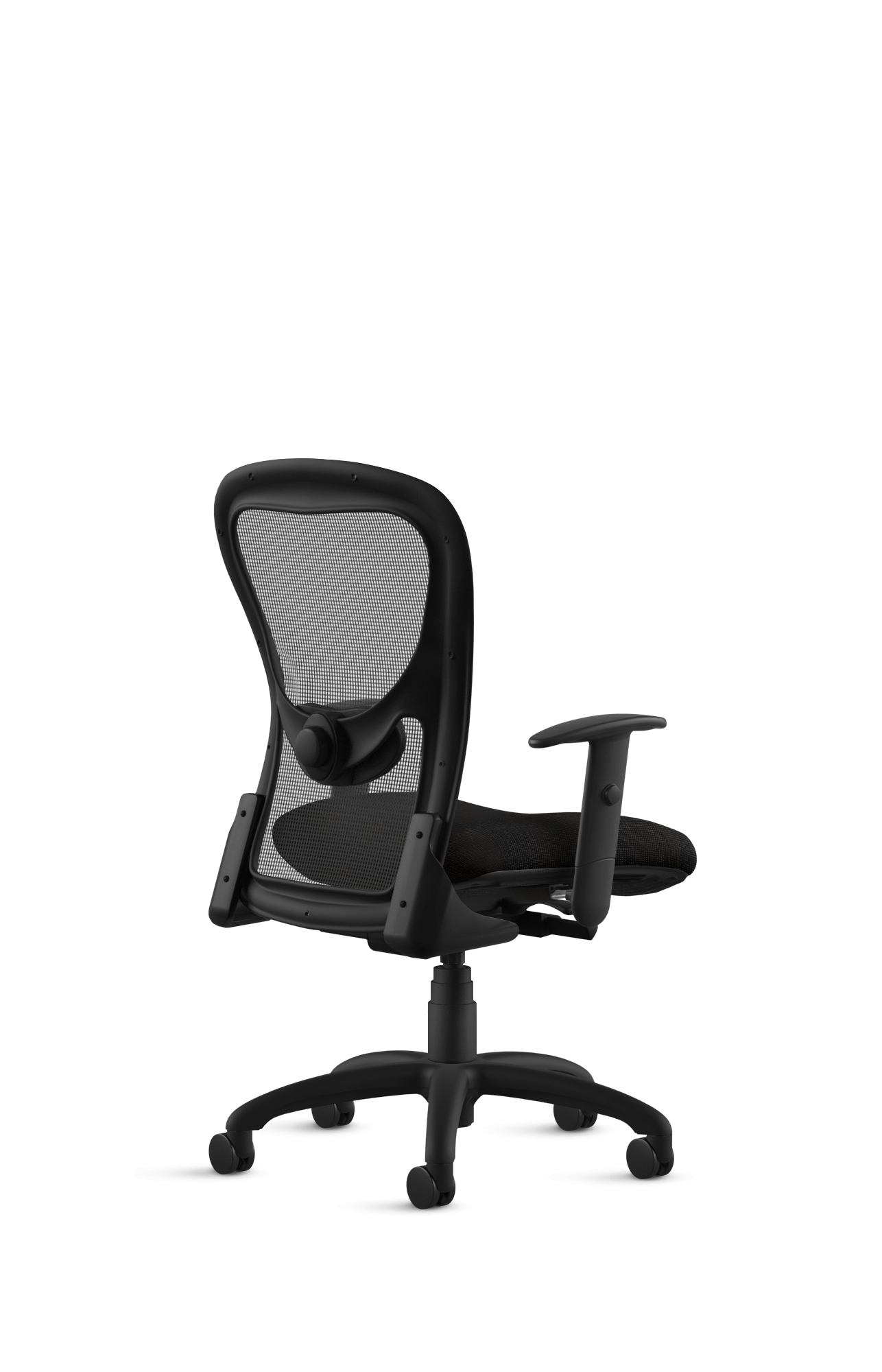 Black office chair with mesh back on a white background