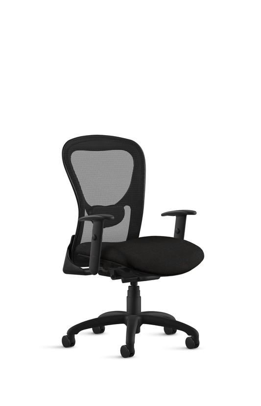 Black office chair with mesh back on a white background